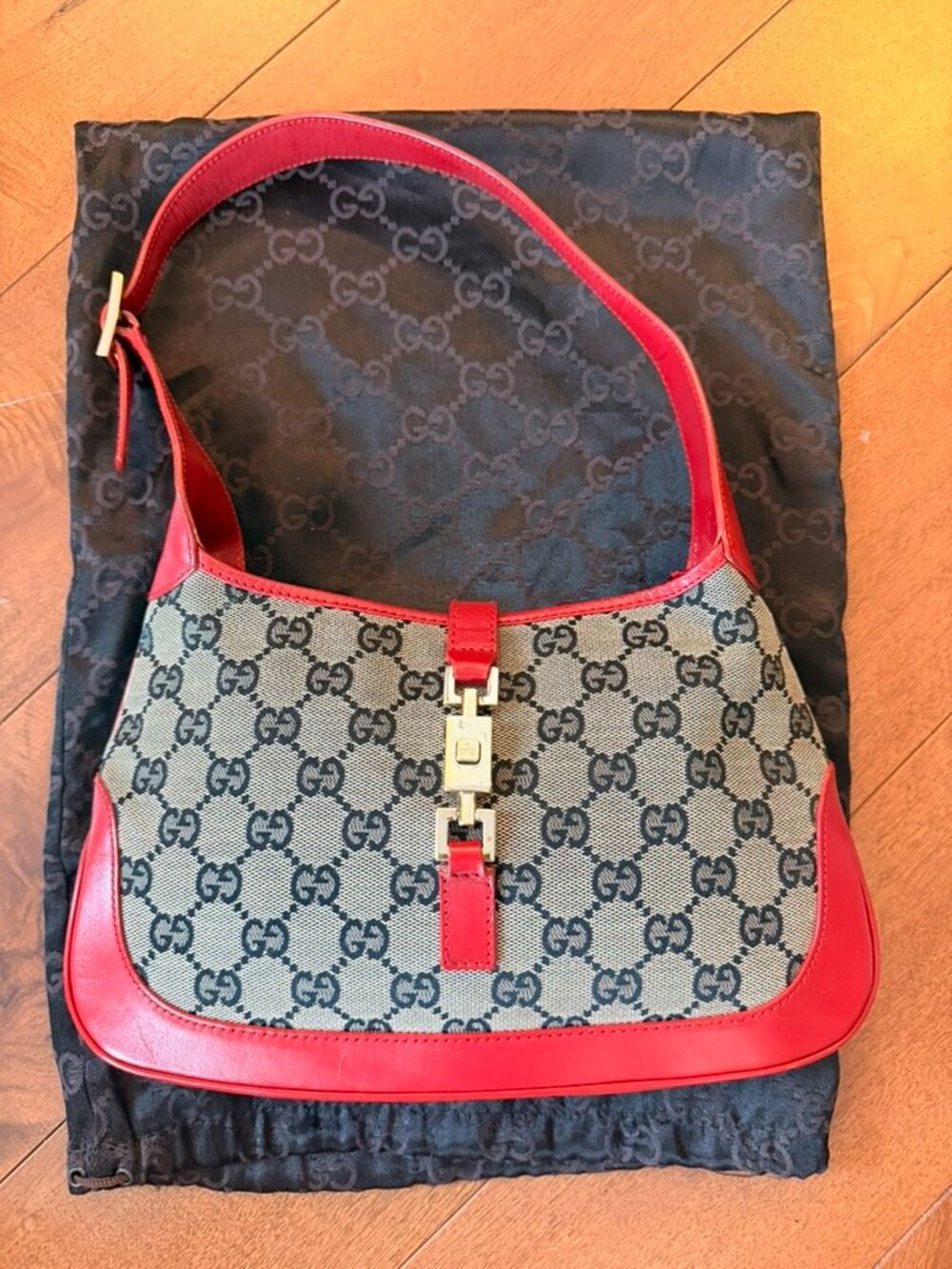 Gucci Vintage Jackie GG Canvas Shoulder Bag Red Leather 001 3735